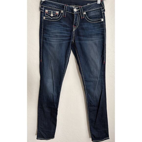 TRUE RELIGION VTG 27 Skinny Flap Dream Eater Low Rise Jeans Y2K 90s White Stitch - Picture 3 of 10